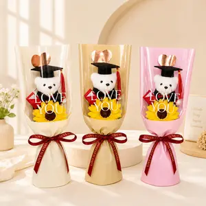 3Pcs Graduation Teddy Bear Bouquet, Class of 2026 Gift for Her, LOVE YOU Sunflower Bouquet with Gold Heart Wrap, Cute Grad Party Keepsake for Friends, Classmates & Girlfriend