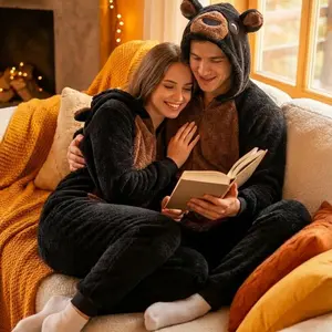 Bear Onesie Animal Pajamas - Adult Black Hooded Fleece Warm Cozy Comfortable Sleepwear for Men & Women Animal Cosplay Outfit