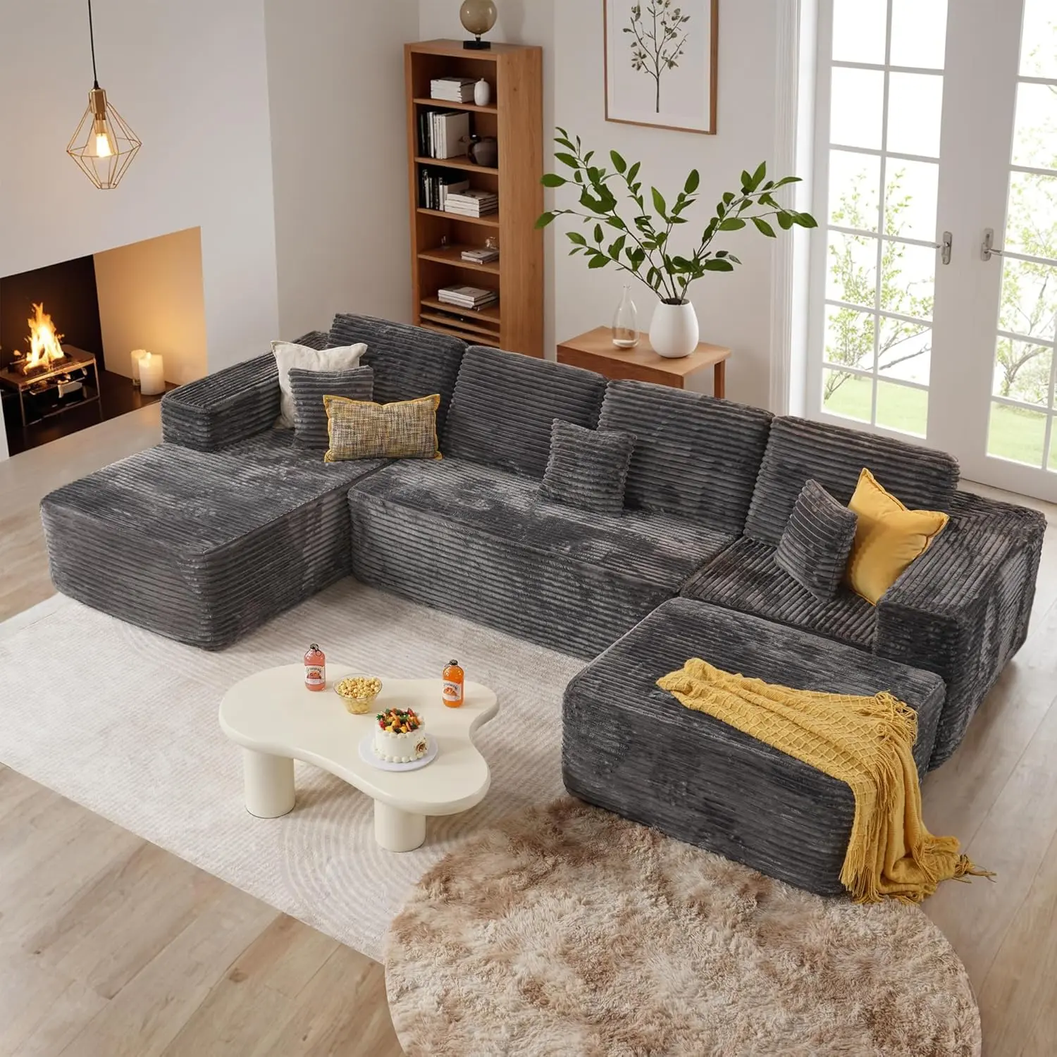 Large U-shape (Gray)+ ottoman + 7 pillows