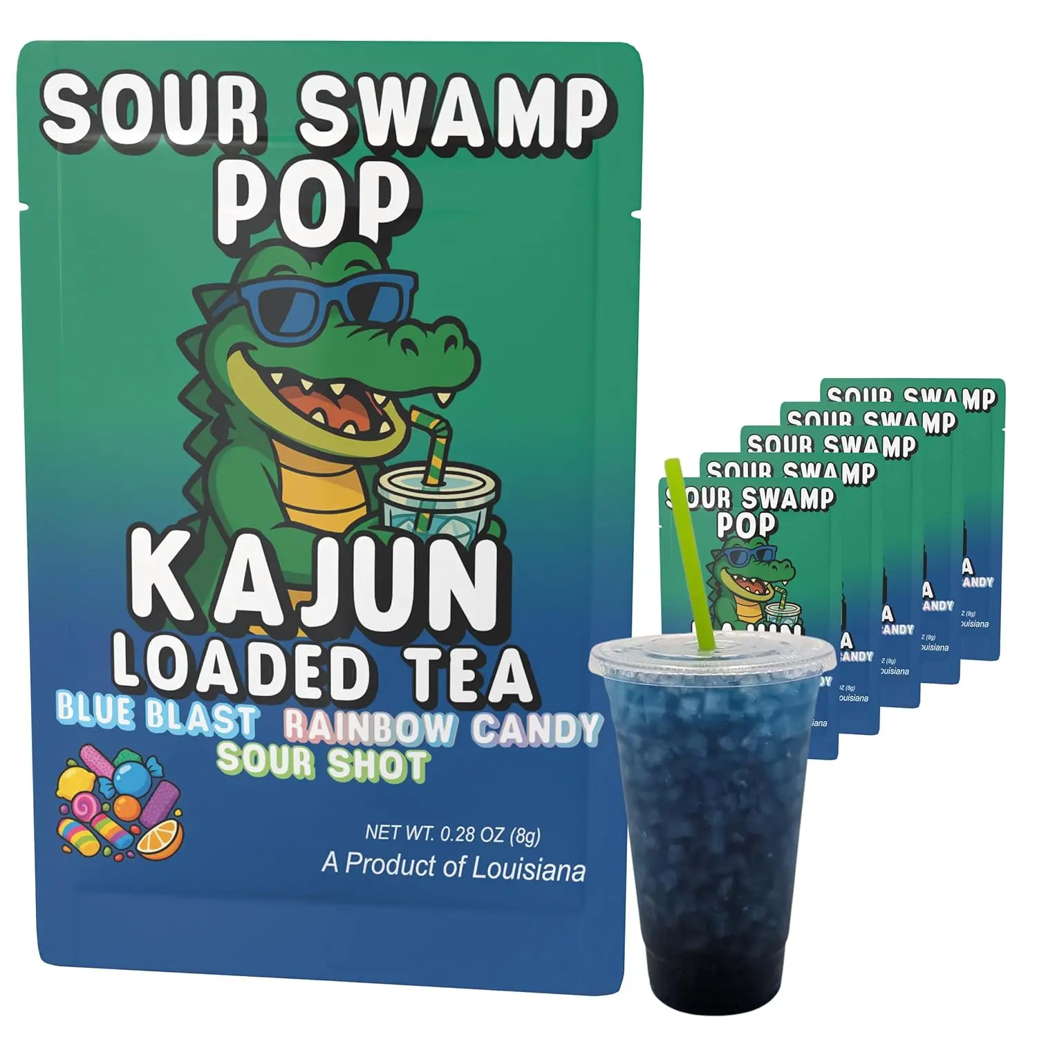 Kajun Loaded Tea Packets – Sour Swamp Pop | Blue Blast + Rainbow Candy + Sour Shot Flavor | Sugar Free Energy Tea Powder | 250mg Green Tea Caffeine | Zero Calories | Keto Friendly