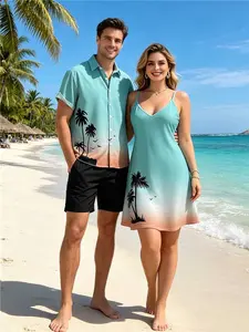 2026 Couple Set Ombre Palm Tree Print Hawaii Vacation Spaghetti Strap V Neck A Pendulum Mini Dress And Short Sleeve Shirt Matching Outfit Womenswear summerwins
