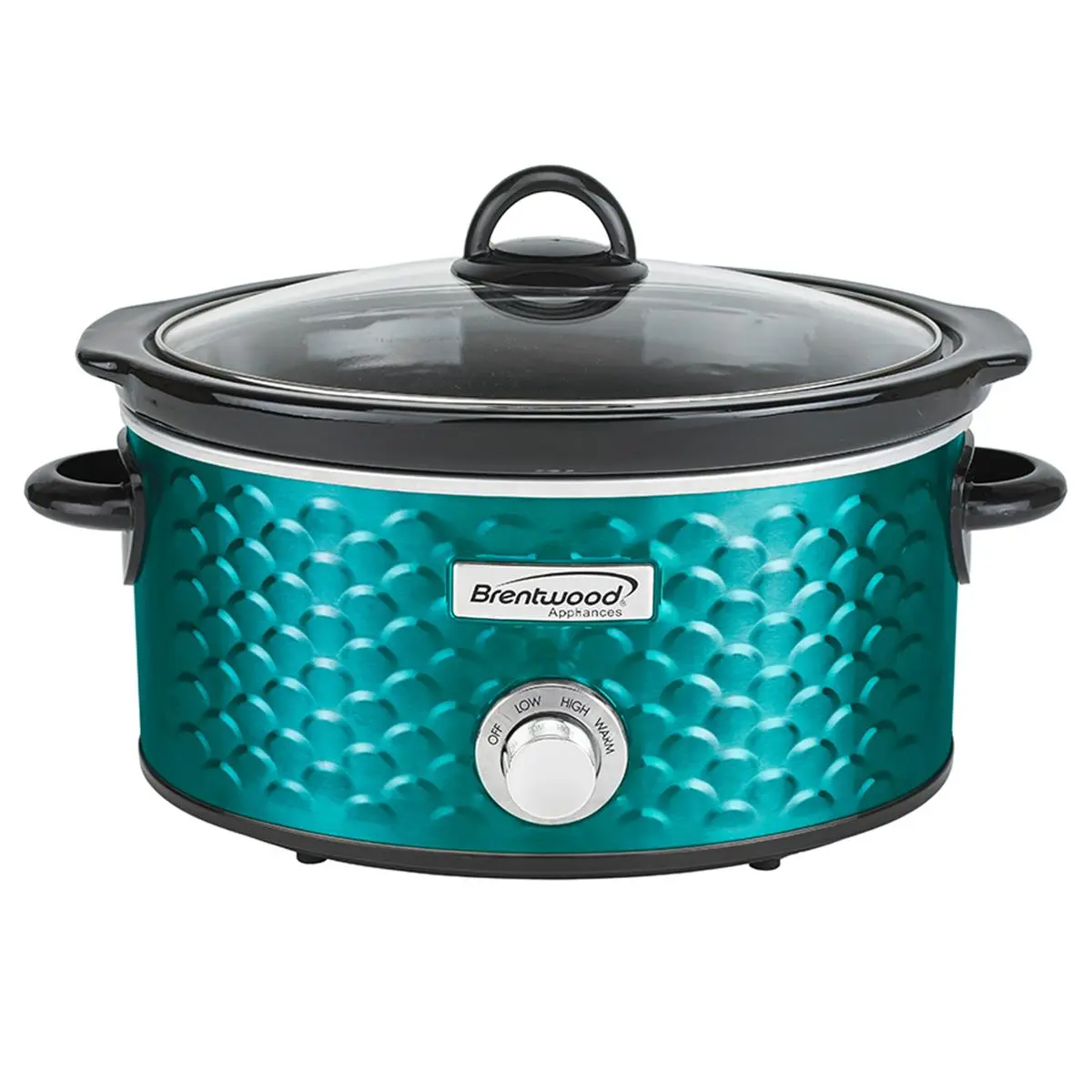 Brentwood Appliances SC-140BL 4.5qt Capacity Slow Cooker - Blue, Durable Scallop Pattern Metal Body, Lead-Free Ceramic Pot, Cool Touch Handles, Tempered Glass Lid