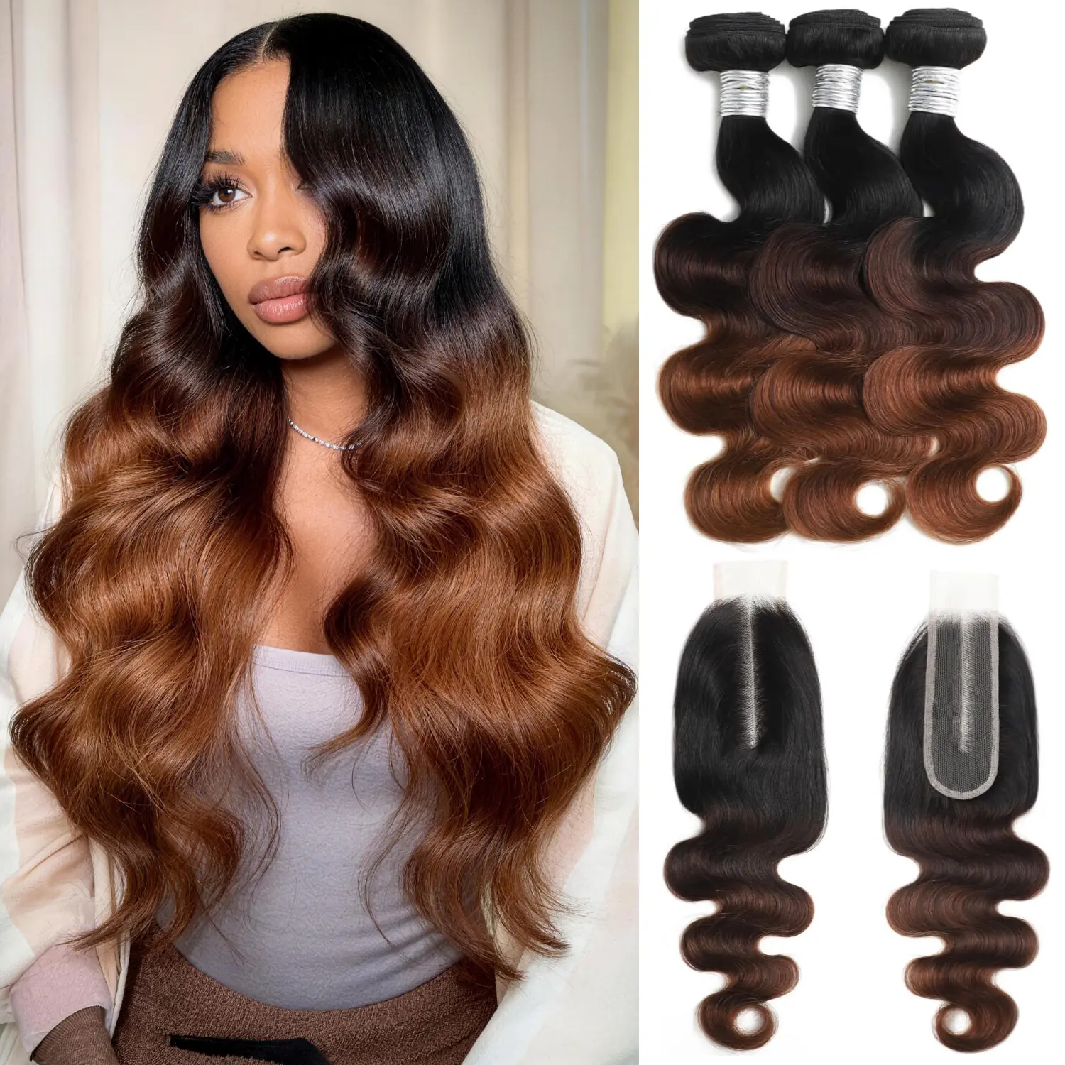 ALHER 12A Chestnut Brown Ombre Body Wave Human Hair 3 Bundles with 2x6 HD Lace Closure 12A 1B/2/30 Bundles with 4x4/5x5 Closure Free Part 100% Remy Hair bundle with 13x4 Frontal Ear to Ear Free Part