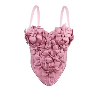 Women's Sleeveless Floral Slim-Fit Boned Bustier Top - Lady's Spaghetti-Strap Corset Camisole Inner Clothes for Women's Tops, Tanks & Camis