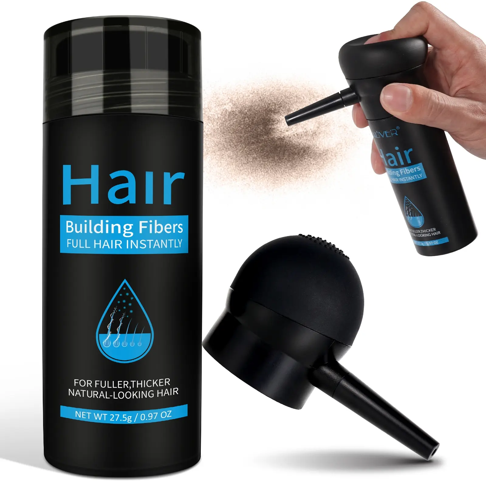 ALIVER Hair Fibers, fill in hair gaps and sparse areas, Hair Coverage, hair fiber powder for men and women, thick filling hair powder, increase hair volume, hair replacement powder, hair fiber powder.