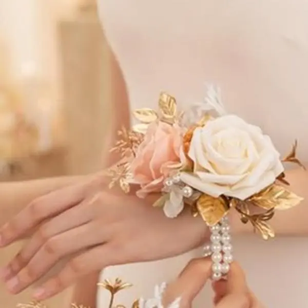 TINGE TIME 2-Piece Pre-Made Silk Foam Artificial Wrist Corsage with Blue Hydrangea, Pearls & Pearl Bands - Beach-Friendly Decorative Flower Set for Bridesmaids, Weddings, Two Piece Set