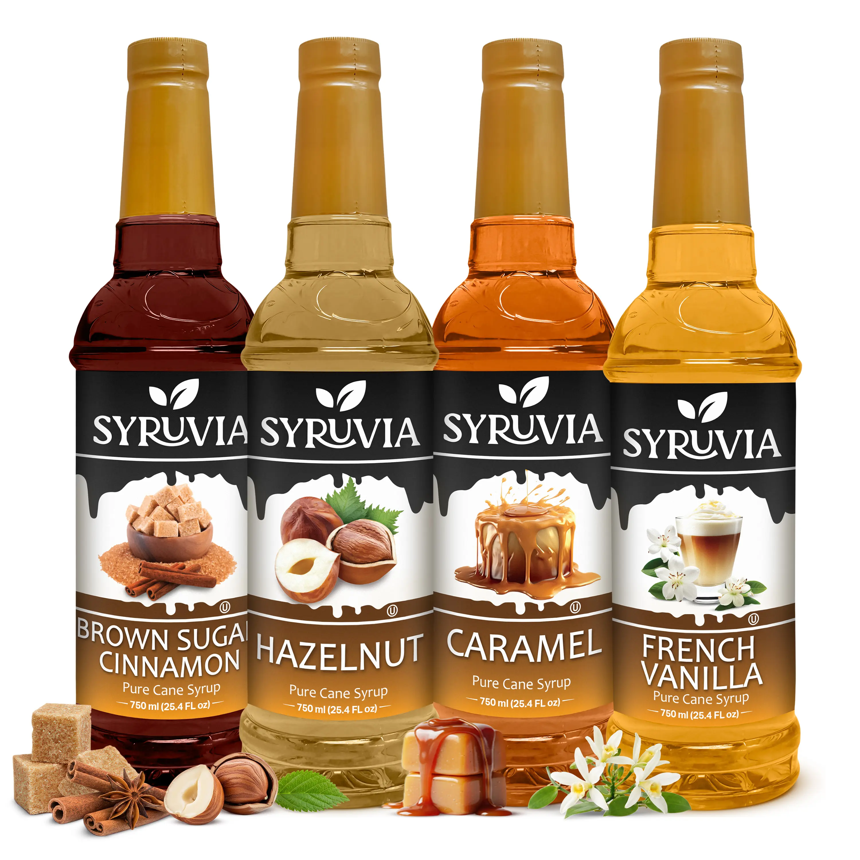 Syruvia Premium Variety Flavor Pack – Brown Sugar Cinnamon, Hazelnut, Caramel & French Vanilla Syrup – Perfect for Coffee, Iced Drinks, Lattes & Desserts – 25.4 Fl oz Bottles (4 Pack)