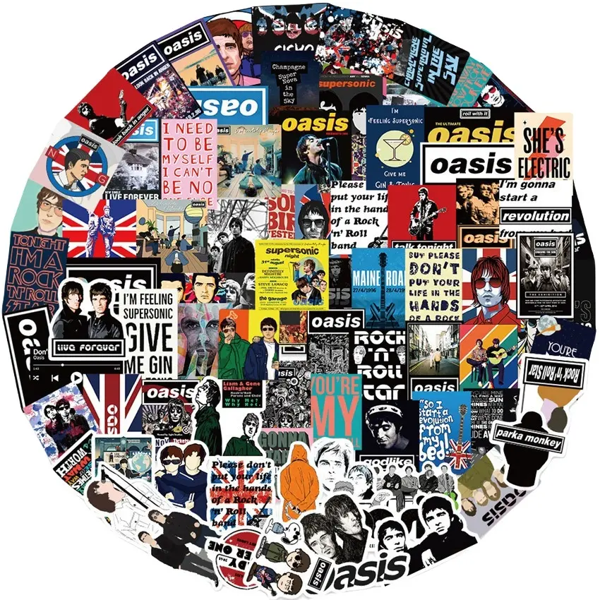 100/50PCS British Rock Band Oasis Graffiti Art Aesthetic Stickers Sticker Set for Bicycle Hand Account Pencil Case Adhesive Decals LanLanStickersWorld, Sticker Sheets