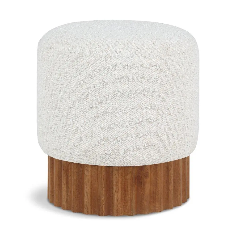 Modern Veranda Cream Boucle Fabric Ottoman-Stool, Indoor Furniture with Solid Wood Base, Walnut Finish