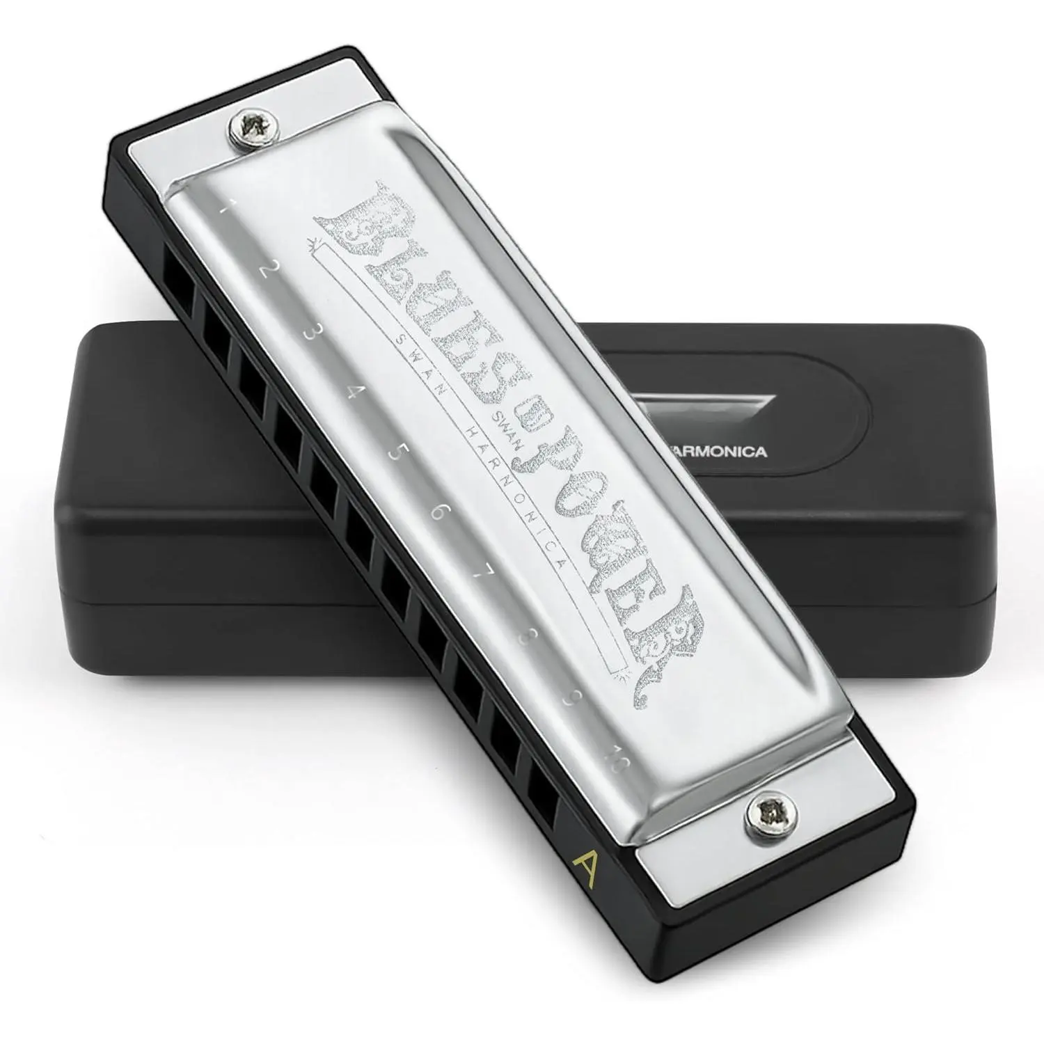 Blues Harmonica, Key of A, 10 Hole 20 Tone Diatonic Harp Mouth Organ, Stainless Steel Deluxe Harmonica for Adults, Students, Beginners, as a  (-A), Rock, 4.33 X 1.57 Inches