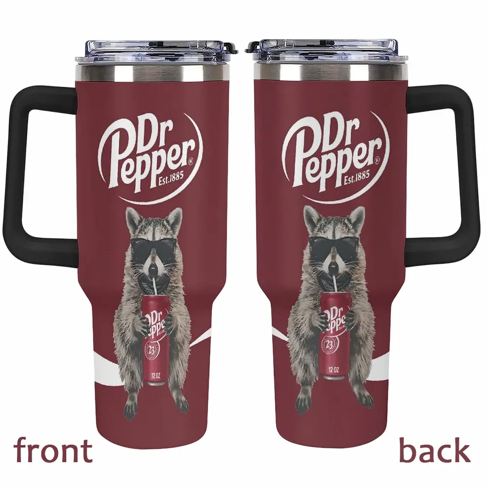 Funny Raccoon Drinking DR Pepper 40oz Tumbler with Handle, Cool Trash Panda in Sunglasses Insulated Stainless Steel Mug, Maroon Soda Lover Gift, Vacuum Travel Cup with Straw Lid, Gift for Raccoon Fans, Gift for DR Pepper Fans, dealsforyou, summerwins
