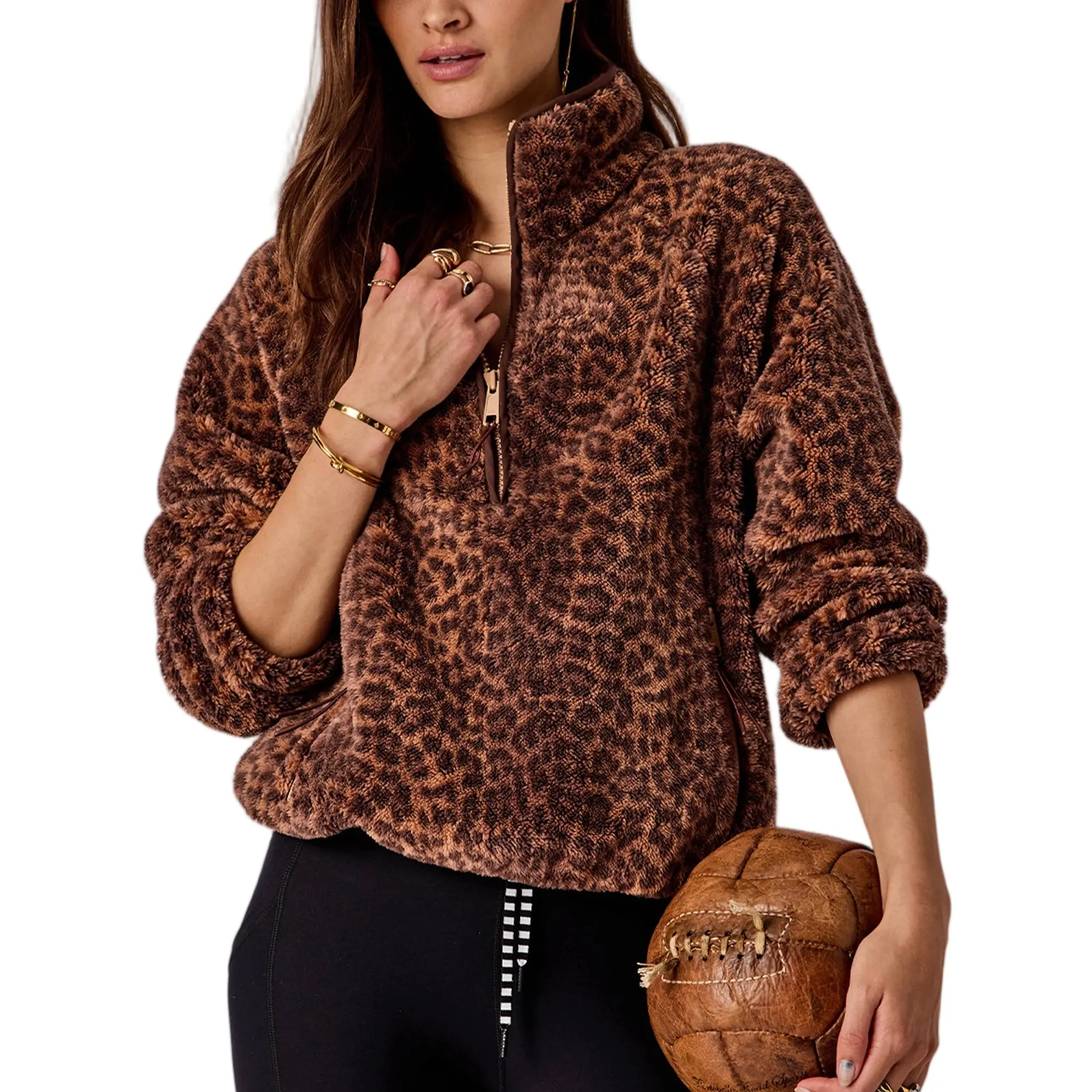 Songling Women's Cute Leopard Print Fleece Half-Zip Oversized Sherpa Jacket - Basic Lightweight Outdoor Coat with Pockets, Soft Fabric Top for Casual Wear, Zipper, Hiking, Sporty Chic, Loose-Fitting, Piece