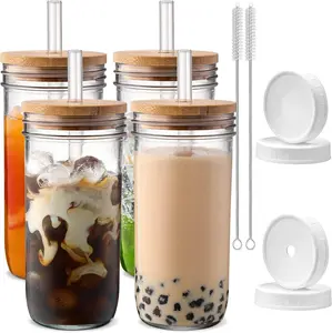 (4 Pack) Glass Cups with Lids and Straws,24 oz Smoothie Cup with Lid and Straw Jar, Wide Reusable Drinking Glasses, Iced Coffee Cups Glass