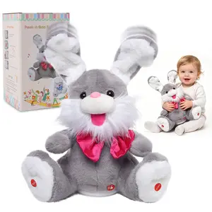 MIAODAM Talking Moveable Bunny Stuffed Animal - Soft Huggable Stuffed Doll, Peek-A-Boo Interactive, Adjustable Volume, Sings 15 Songs, Toddler-Safe Fluffy Toy, Kids Birthday Gift Montessori Toy, Moveable Stuffed Animal