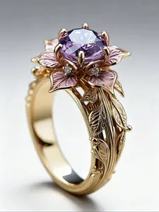 Vintage Two-Tone Leaf & Rose Flower Ring with Purple Zircon | Elegant Floral Jewelry for Women | Perfect Gift for Valentine's Day, Mother's Day & Anniversaries | Romantic Statement Ring for Daily & Special Occasions | Wedding Engagement Ring