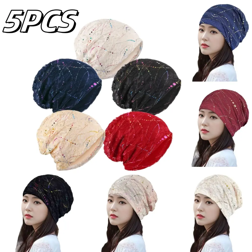 Women's Adjustable Slouchy Beanie Chemo Hats (5-Piece Set) - Calico Polypropylene Headscarf, Sleep Wrap for Cancer Patients, Sports & Outdoor Accessory, Stretch