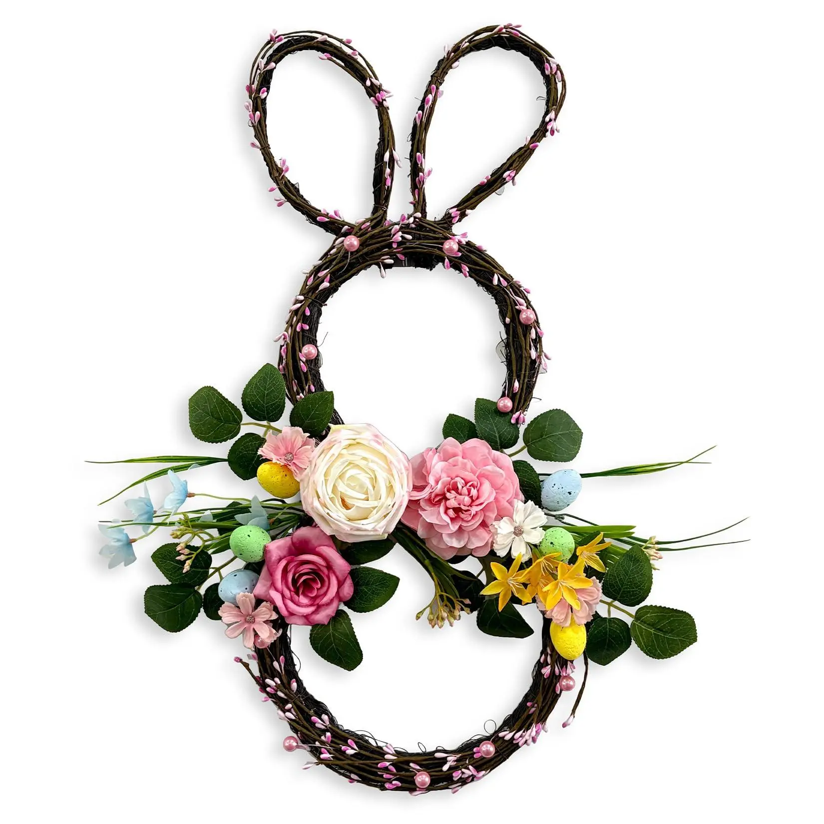 GARVEE Luxury Easter Bunny Wreath for Front Door, Foldable 24" Spring Floral Wreath with Pastel Eggs & Peonies, Handmade Bunny Door Decor for Easter Porch Wall Window