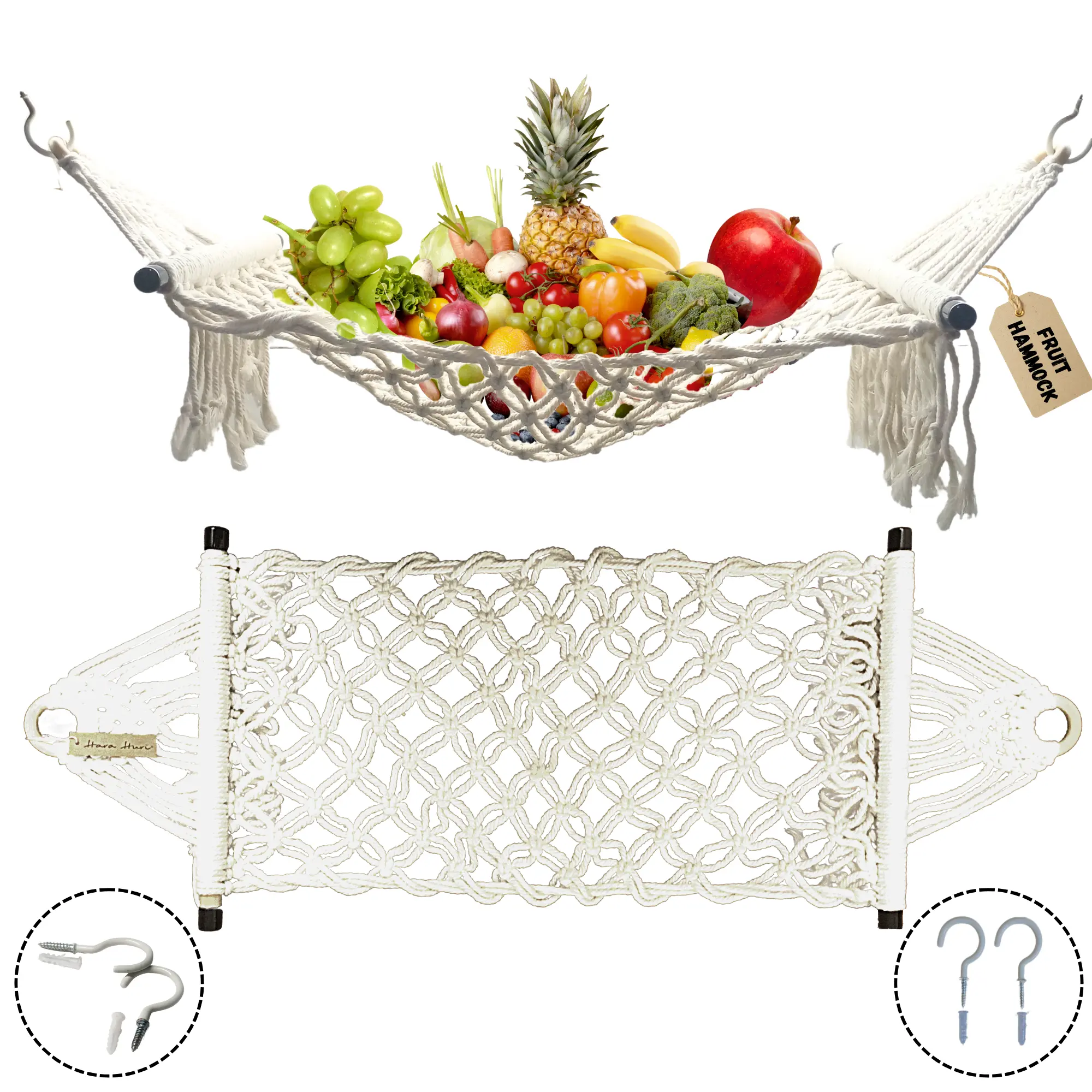 Fruit Hammock for Kitchen under Cabinet with 2PCS Hook - Fruit Hammock organizer with wooden rods, Hanging Banana Hammock Fruit Holder - HaraHuri Bamboo Set