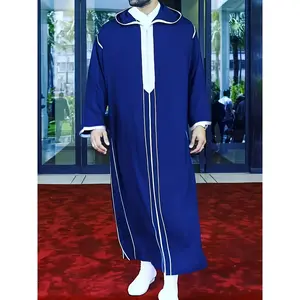 Men's Elegant Blue Moroccan Style Long Sleeve Hooded Kandora with White Stripes – Traditional Middle Eastern Attire for Ramadan and Islamic Celebrations, Polyester Fabric, Cultural Event Wear |   Middle Eastern Robe |   Smooth Texture