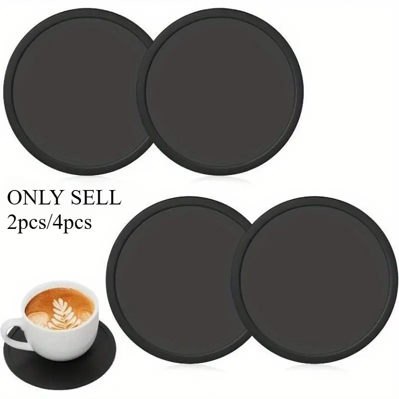 2/4pcs Non-Slip Silicone Drink Coasters - Large Black Cup Coaster Set for Outdoor, Indoor & Home Drinks - Anti Stain & Heat Resistant - Cup Table Pads - Cup Place Mat - Drink Coasters Plain - Kitchen Coasters