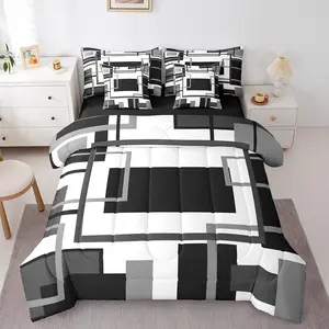 Feelyou 7-Piece Microfiber Bedding Set - Queen Comforter Set with Black & White Minimalist Mid-Century Quilt, Black Gray Modern Abstract Geometric Bed Sheets