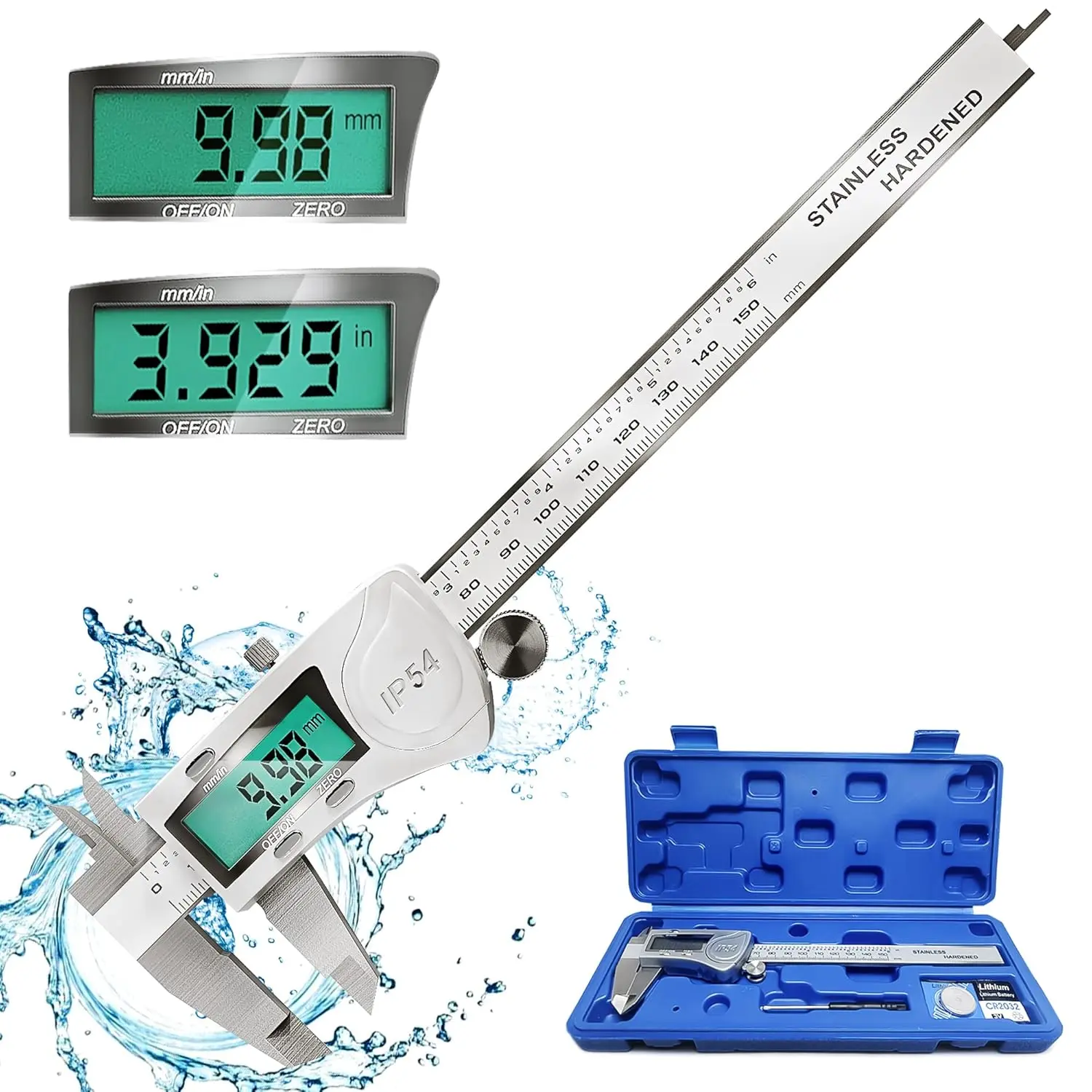 Digital Vernier Caliper Measuring Tool, IP54   Micrometer Caliper, 150mm/0-6 inch Stainless Steel Vernier Caliper with Large LCD Screen, Inch Metric Conversion