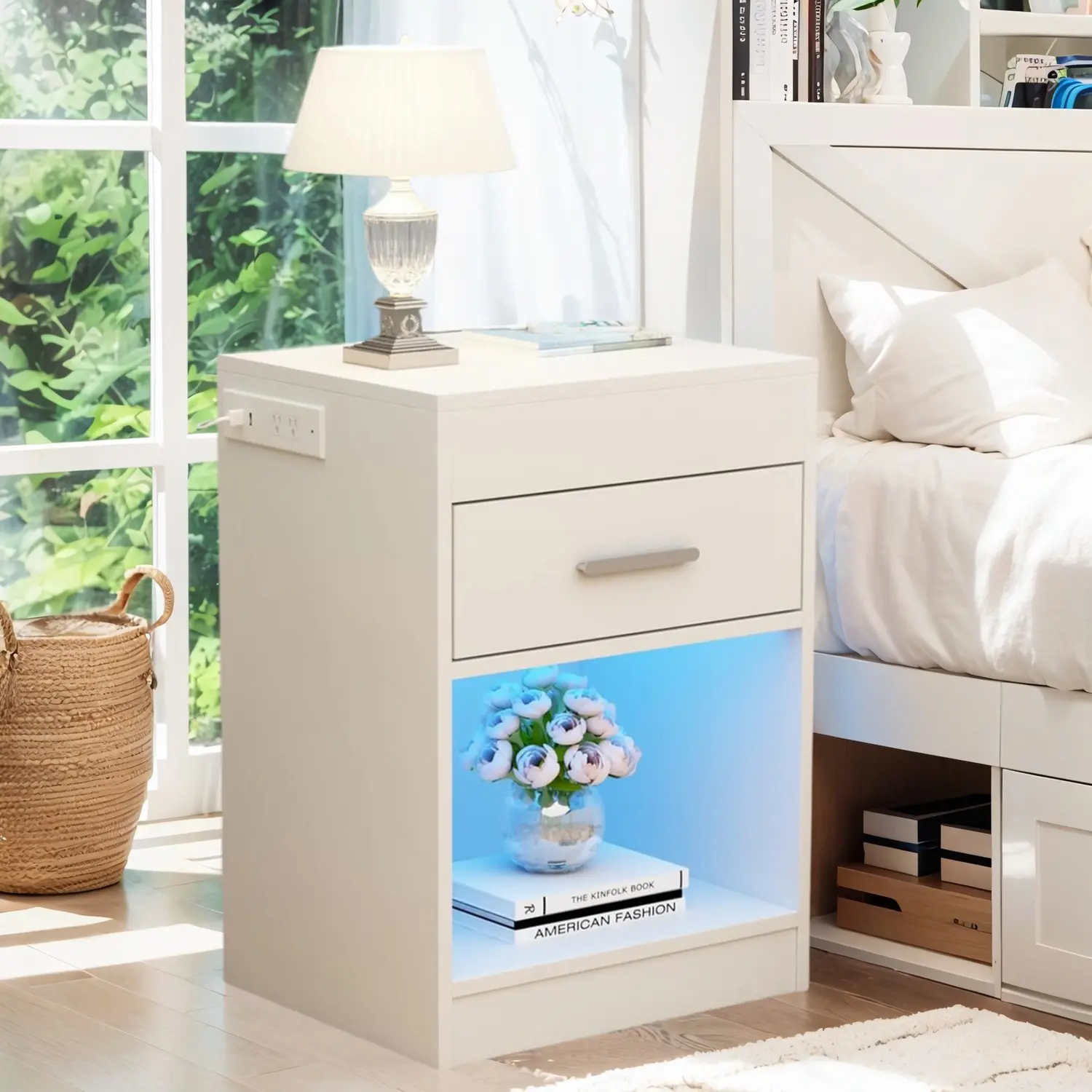 Gyfimoie Modern Bedroom End Side Table with Lock Cabinet and Power Outlets, LED Nightstand with Charging Station, Bedside Table with Hidden Compartment for Living Room
