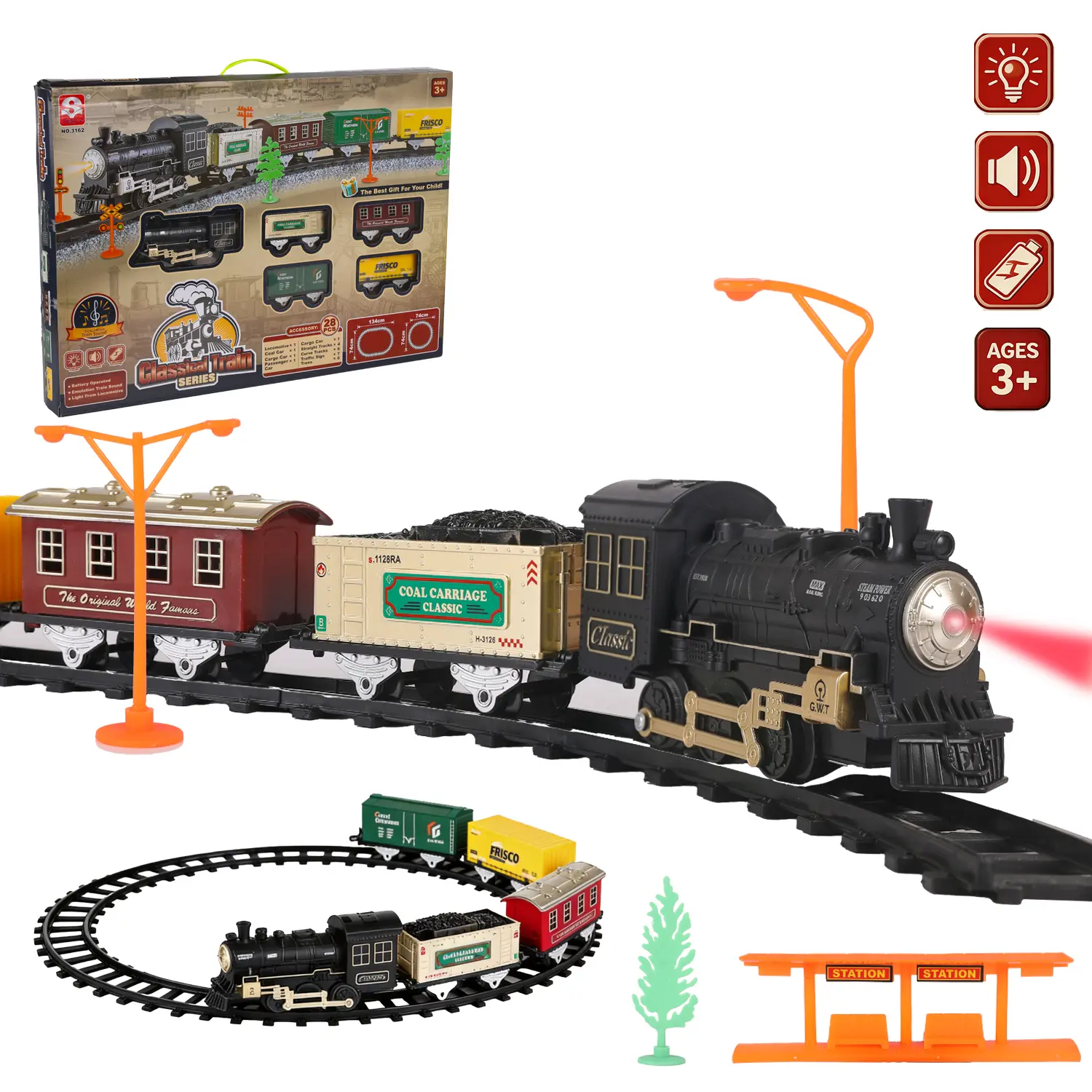 Christmas Train Set for Kids , Battery Operated Toy Train with Light & Sound, Black/Gold Mini Train Tracks Under Tree for Holiday Decor