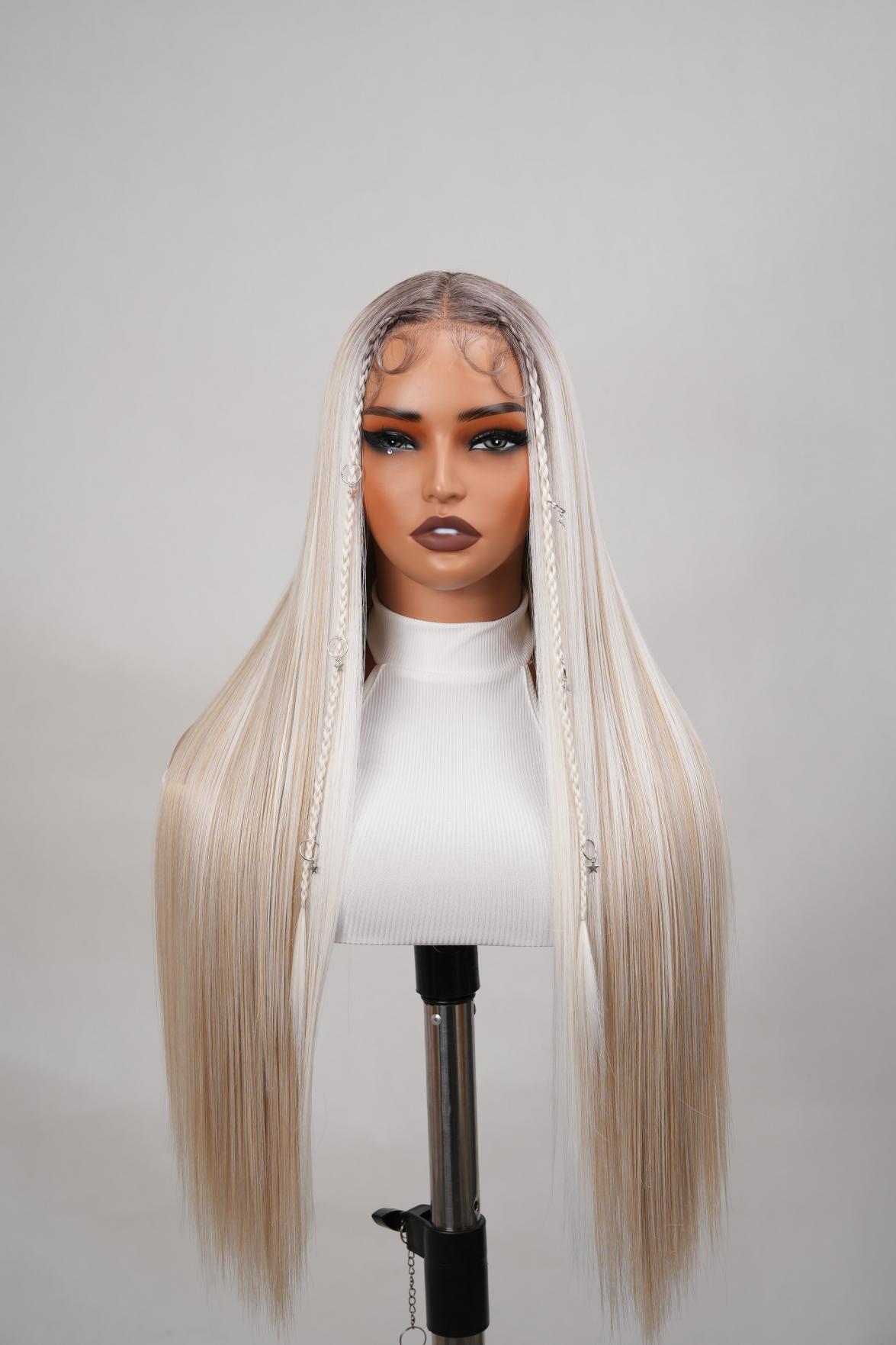 Noble 30 Inch Ash Blonde Ombre Straight Wig with Braids & Star Charms