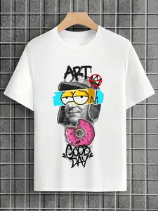 Men's Graffiti Graphic T-Shirt, Oversized Vintage Simpson Glasses & Donut Print Tee, Retro Art Collage Short Sleeve Crewneck Shirt, Hip Hop Streetwear Casual Top for Daily Wear