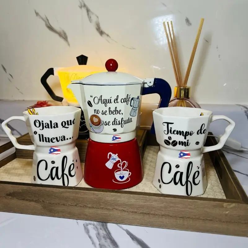 Essence Coffee Maker Puerto Rico Mug 12 oz with Unique Quotes Vibrant Red Base for Daily Brew Set Includes 2 Personalized Mugs & 6-Cup Espresso Maker Ideal for Gifts