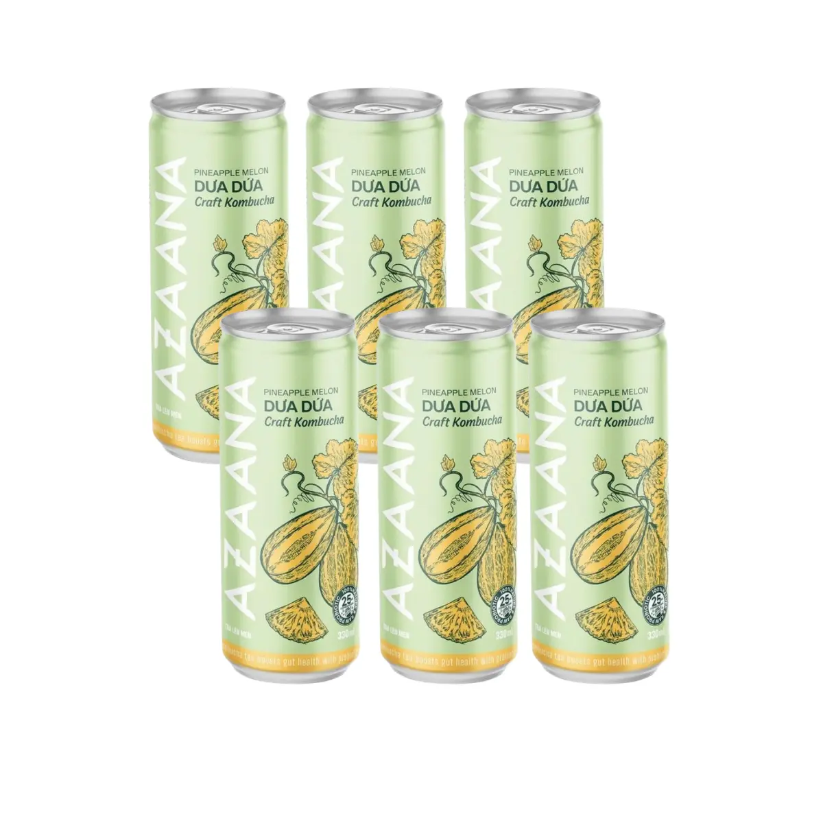 [Azaana] Kombucha Pineapple-Melon Beverage, 330ml Caffeine-Free Fizzy Drink (6 Cans)
