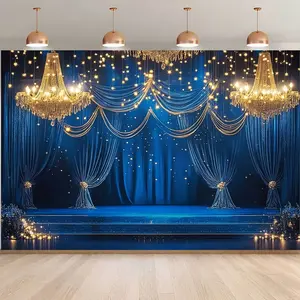 Blue Gold Stage Backdrop Luxury Glam Theme Tapestry Wall Hanging Photography Background for Wedding Reception Prom Party Corporate Event Photo Booth Decor