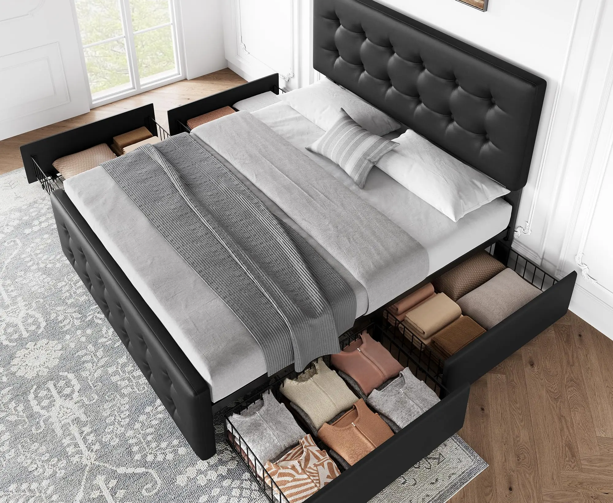 Gaomon Full-Size Framed Wood Storage Bed Frame, PU Leather Upholstered, 4 Compartments, Button-Tufted, Height-Adjustable Headboard, Strong Slats, No Box Spring Needed, Easy Assembly, Wipe Clean, Black, Supports 8-12" Mattresses