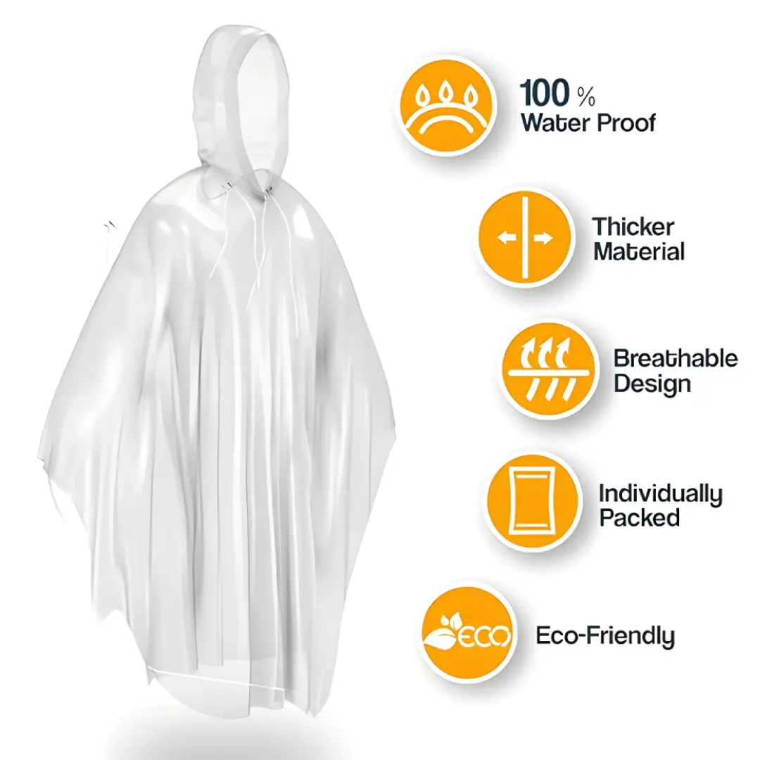 1-10 Pack Of Disposable Adult Emergency 100% Waterproof Rain Poncho Hiking Coat Hooded