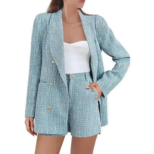 Cicy Bell Women's 2-Piece Tweed Suit Set, Long Sleeve Double Breasted Blazer & Shorts, Business Outfit Cicy Bell Women's 2-Piece Tweed Suit Set, Long Sleeve Double Breasted Blazer & Shorts, Business Outfit