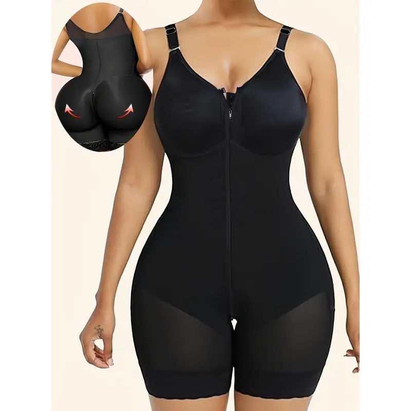 Black One-Piece Shapewear for Women, Designed for Post-Operative And Postpartum Use, Featuring a Tummy Tuck And Hip Lift.This Full-Body Garment Includes a Crotch Zipper And Is Suitable for Sports Activities
