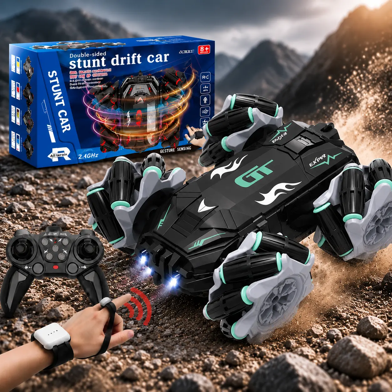 4WD Rechargeable RC Stunt Car - Gesture Sensor Control, 2.4GHz High-Speed, 360° Flip Rotation, Double-Sided Off-Road, LED Lights, Music, Surprise Holiday Gift for Boys Ages 6+ to Boost Creativity & Reaction Ability
