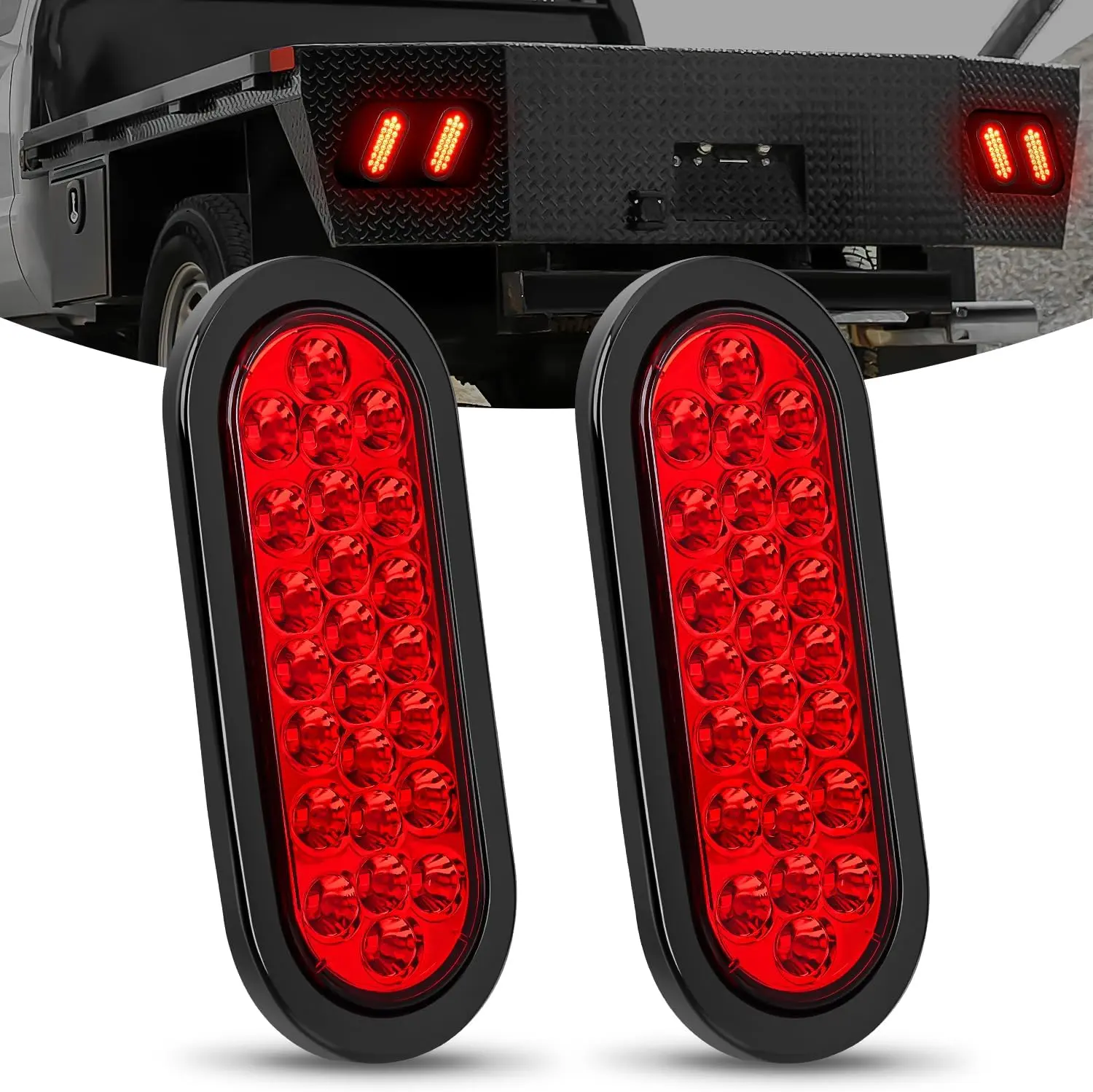 Nilight 6Inch Oval Vehicle Rear Lights (2PCS), 24LED Red Stop Brake Turn Marker Blinker Lights with Flush Mount Grommets & Plugs, IP67 Waterproof for 12V Truck, Trailer