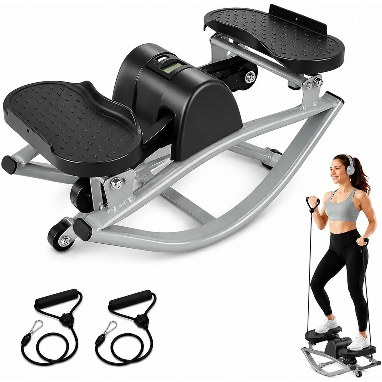 Rocking Fitness Stepper with Lateral Motion, Resistance Bands & Digital Monitor for Full Body Home Gym Workouts, Exercise Step Equipment, Exercise Stepper, Home Stair Stepper