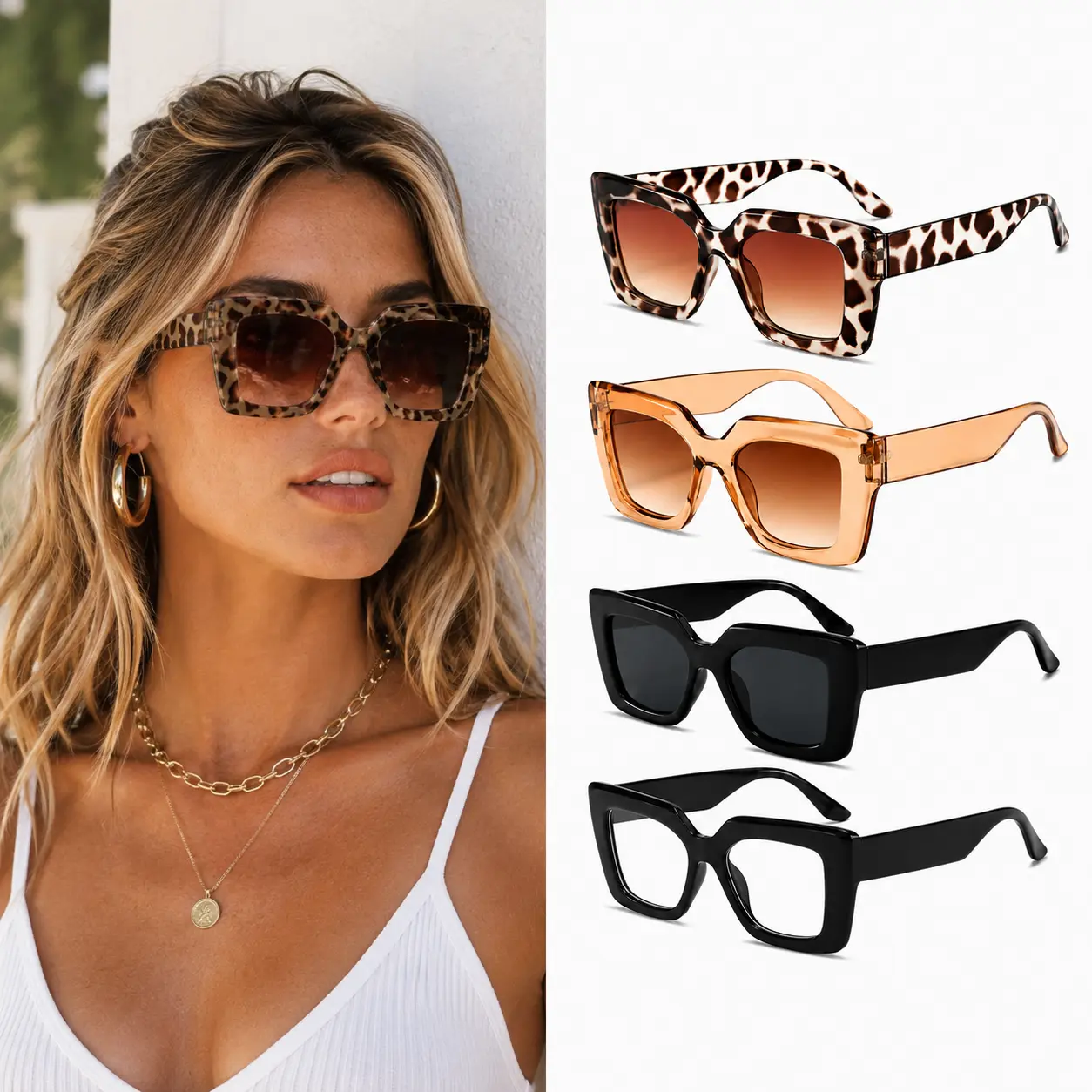 4-Pack Womens Sunglasses, Oversized Square Semi-Rimless Frames, Trendy Shades with UV-Protection for Driving, Travel & Beach, Mother's Day