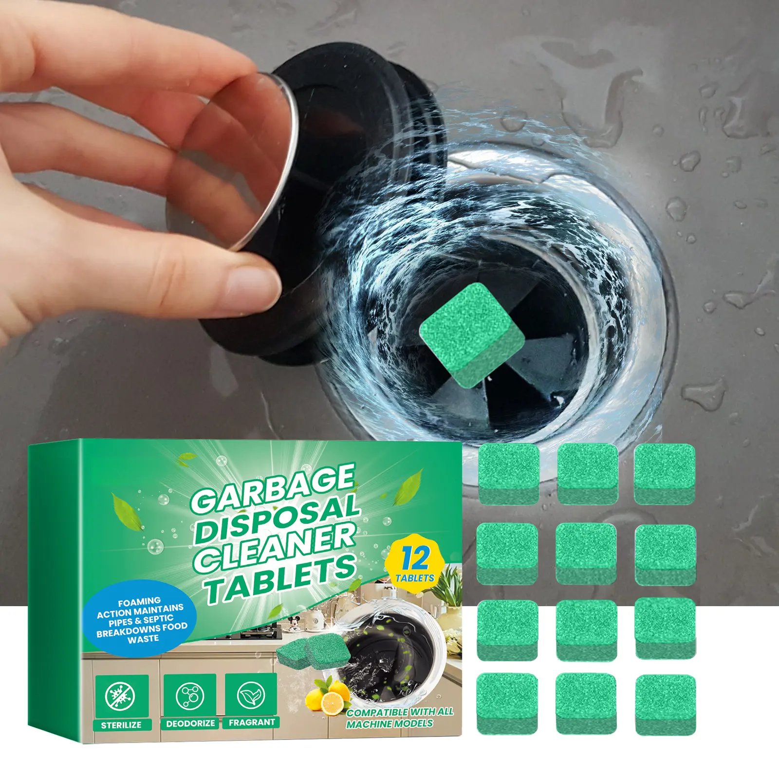 Solid Household Cleaning Tablets - Non-Chlorinated Enzymatic Drain Unclogger, Odor-Fighting Home Cleaning Supplies for Kitchen Garbage Disposal Pipeline