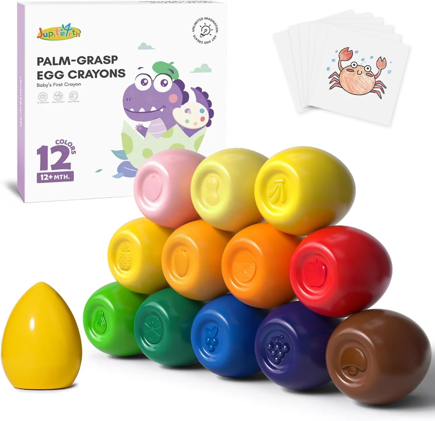 JUPITEARTH Egg Crayons for Toddlers 1-3, 12 Vibrant Colors Non Toxic Washable Palm Grasp Crayons, Jumbo Easter Basket Stuffers for Kids, First Coloring Fat Brain Toys for Toddlers & Preschoolers - Art Materials, Art Color Set