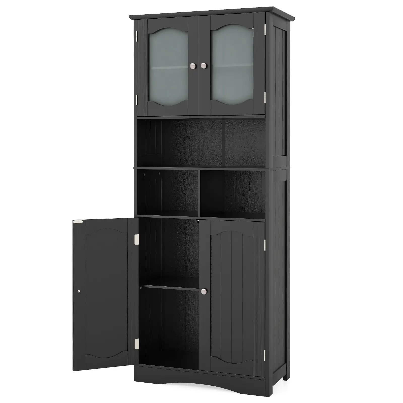 COSTWAY - 58.5 Inch Freestanding Linen Bathroom Storage Cabinet with Frost Glass Doors-Black