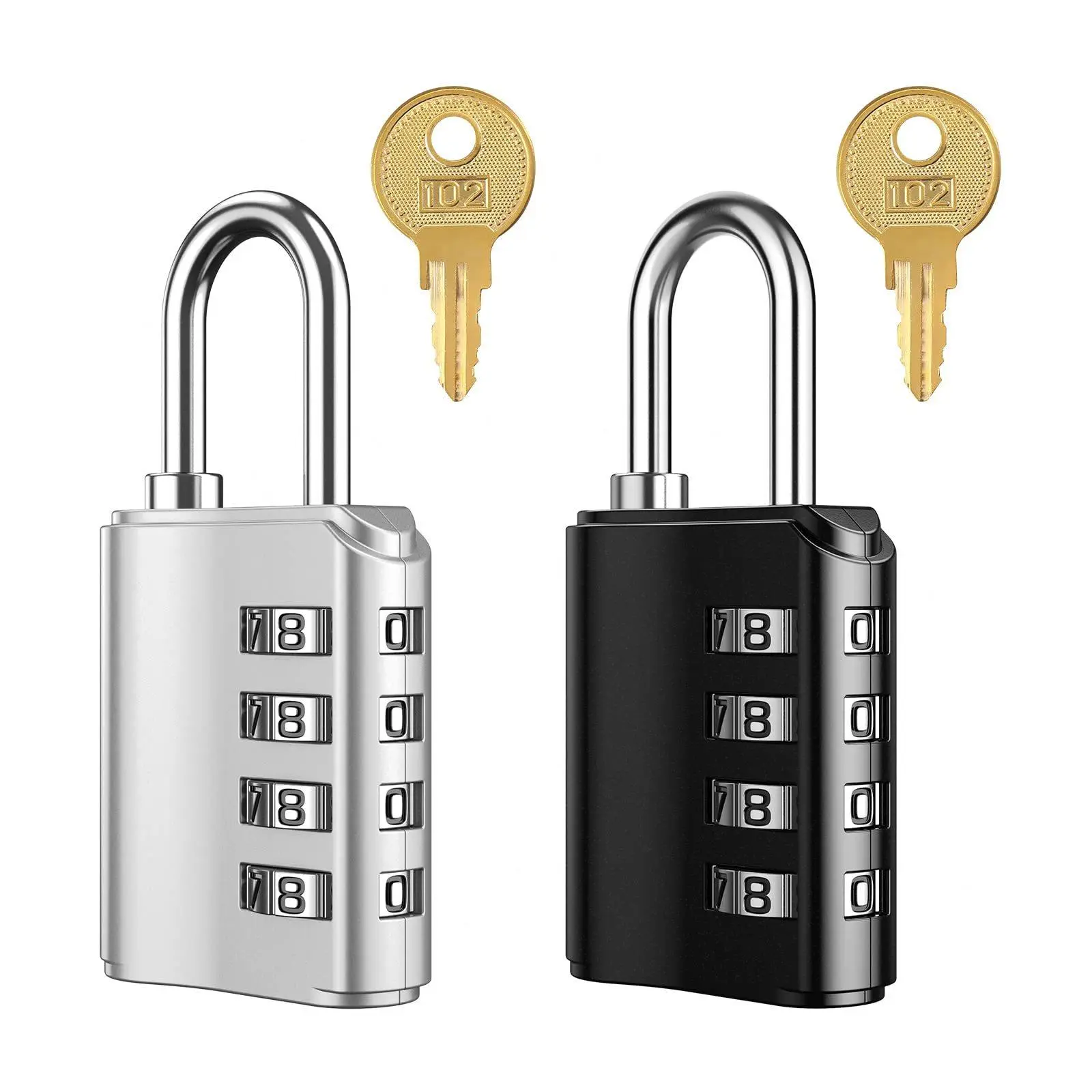 2-Pack 4-Digit Combination Padlock (Black & Silver) - Hardened Steel Zinc Alloy Anti-Rust Weatherproof Box Lock with Dual Unlock 2 Keys, for School Lockers, Gates, Indoor & Outdoor Use