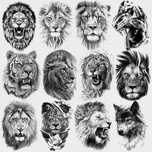 12 Temporary Tattoo Stickers, Lion Tiger Wolf Designs, Waterproof Realistic Half-Sleeve Tattoos for Adults Men Women Arms Legs