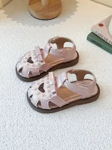 Pearl Open-Toe Sandals, Heart Cut-Out Velcro Sweet Elegant Girls' Princess Shoes, Stylish Summer Footwear for Kids