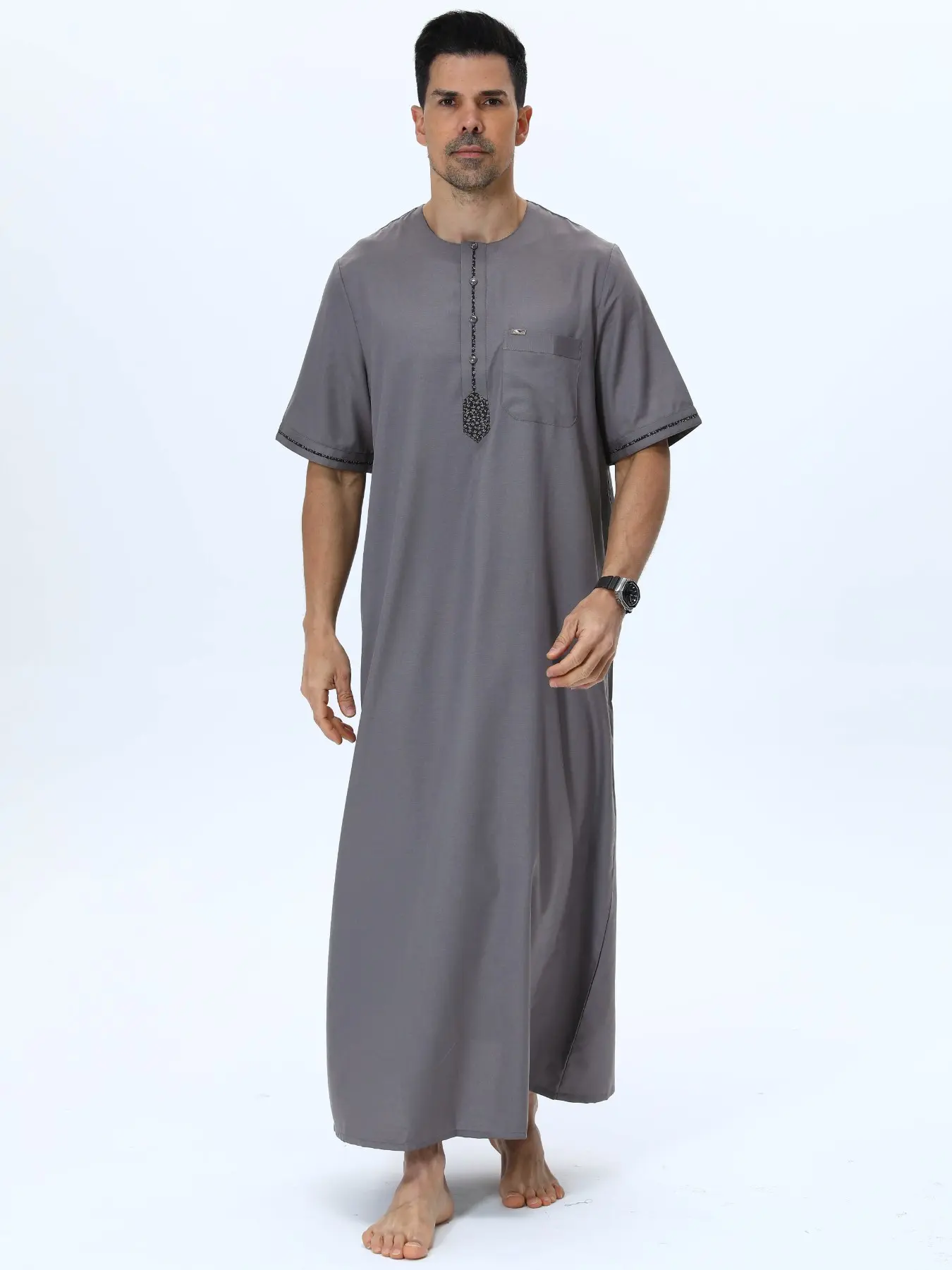 Men's Dark Round Neck Embroidered Short Sleeve Long Shirt, Loose-Fit Breathable Casual Traditional Arabic Robe, Arab Saudi Thobe, Large Size Comfortable Men's Clothing, Islamic Thobe