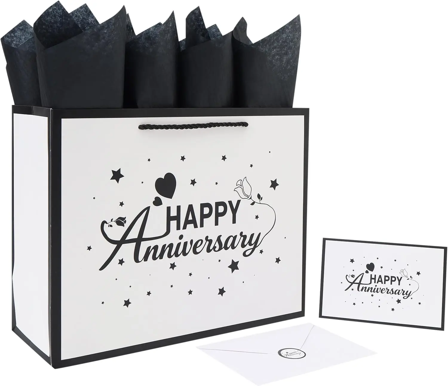 Large Anniversary Design Gift Bag Set with Handles, Greeting Card, Black Tissue Papers and Stickers for Women Men Husband Wife Boyfriend Girlfriend or Romantic, Anniversary Design, 1 Pcs