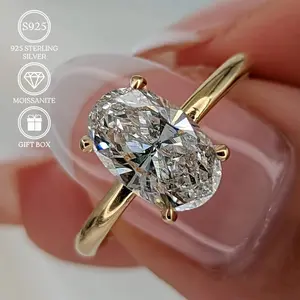 1pc 1/2/3 Carat Moissanite Oval Ring, 18K Golden Plated, 925 Silver, Vintage Style, Daily Wear, Perfect for Banquets, Parties, Holidays, Birthdays, Weddings, Anniversaries, Souvenirs, All-Season, Cute Design,beads  for  jewelry  making jewe